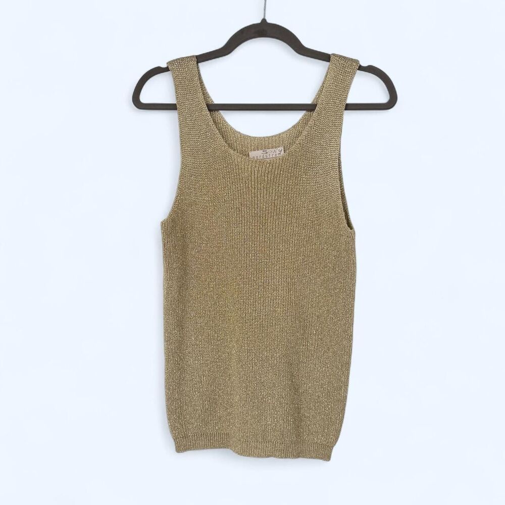 Metallic Gold Knit Scoop Neck Tank Top Shimmering Ribbed Clubwear Vest c. 1997